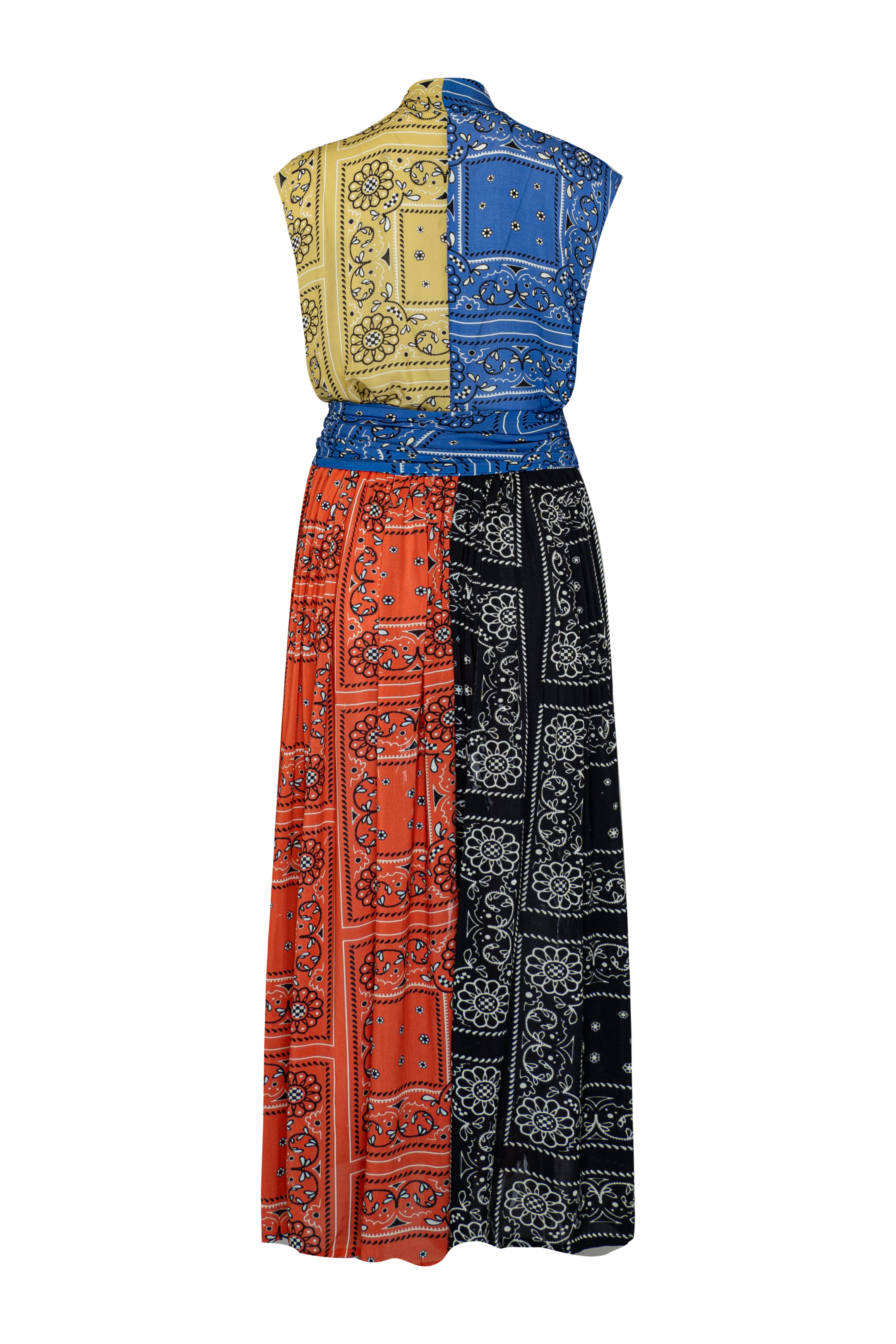 THE POINT DRESS MAXI - PATCHWORK BANDANA BLUE/LIME/BLACK/BLOOD ORANGE