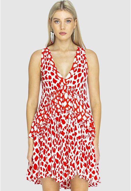 RARA FRILL DRESS - Giraffe Red/White