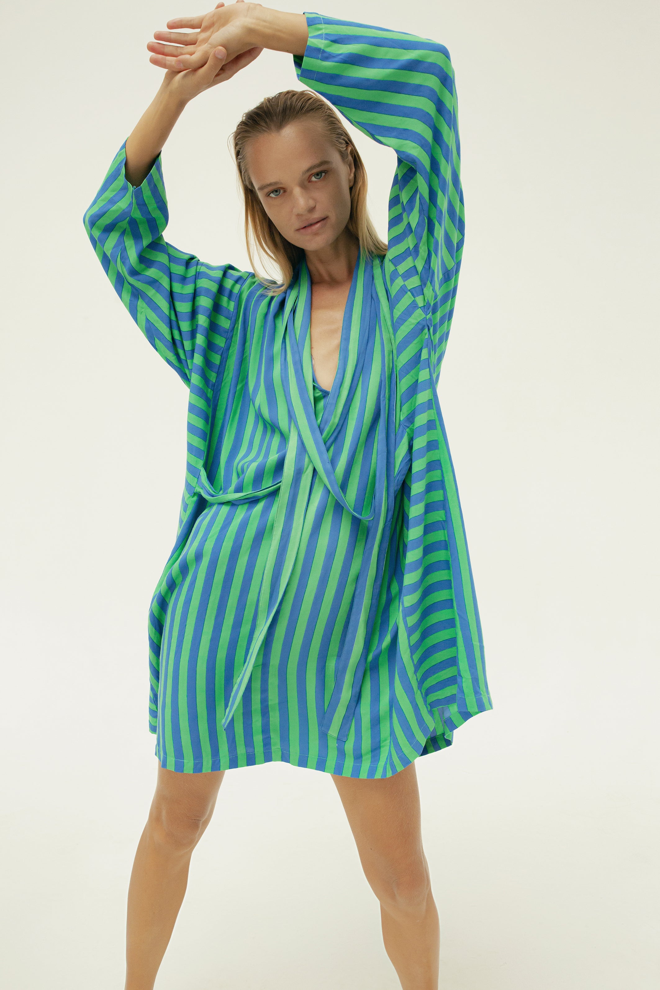 THE RISE AND SHINE  3 TIE KAFTAN DRESS  - WHIPPY STRIPE GREEN/BLUE