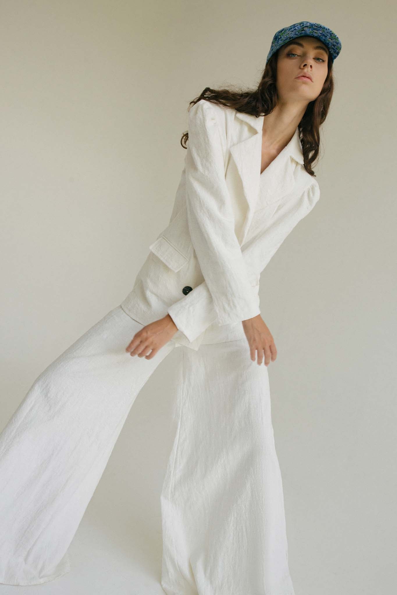 BODENE WIDE LEG SUIT PANT - OFF WHITE / CHAROCOAL BUTTONS